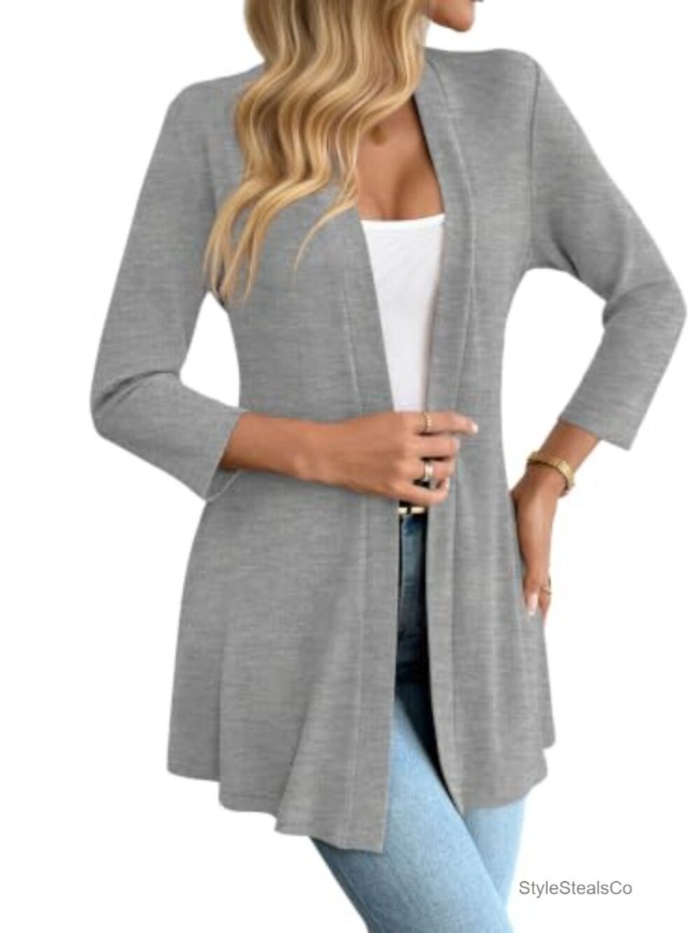 Women Cardigan 3/4 Sleeve Open Front Lightweight Flowy Skirt Hem Sweater